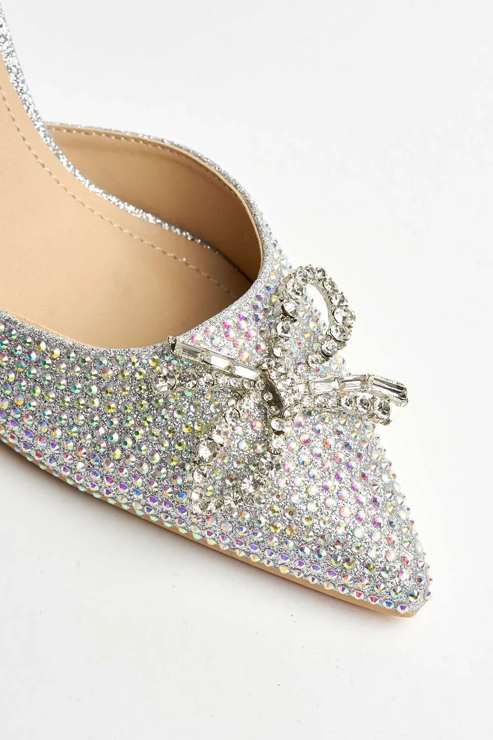 Chilla Diamante Embellished Sling Back Court Shoes in Silver
