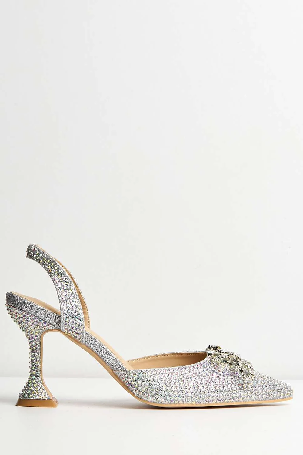 Chilla Diamante Embellished Sling Back Court Shoes in Silver