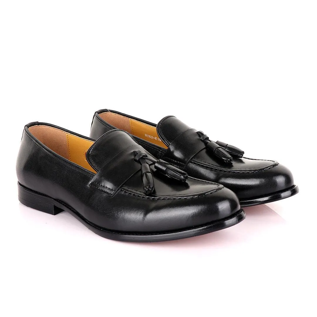 John Mendson Black Tassel Strap Leather Loafers