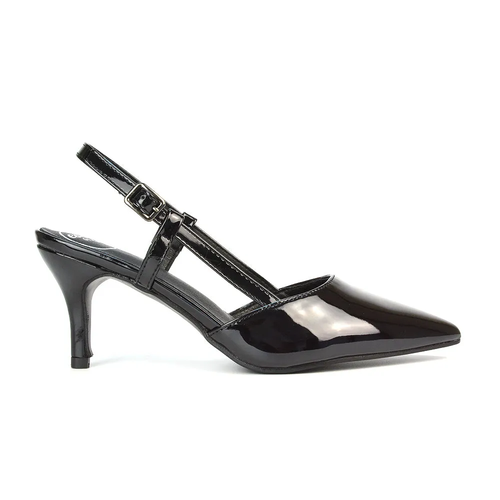 Karla Mid Heel Stilettos Pointed Toe Slingback Court Shoes in Black Patent