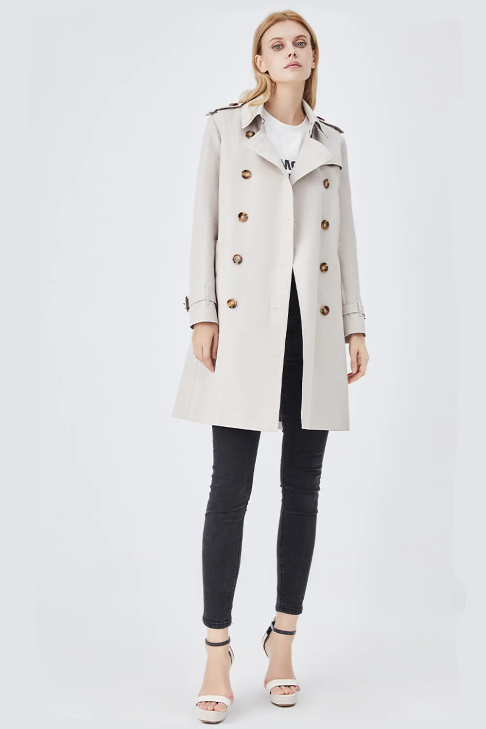 Khaki Double Breasted Long Slim Fit Trench Coat with Belt