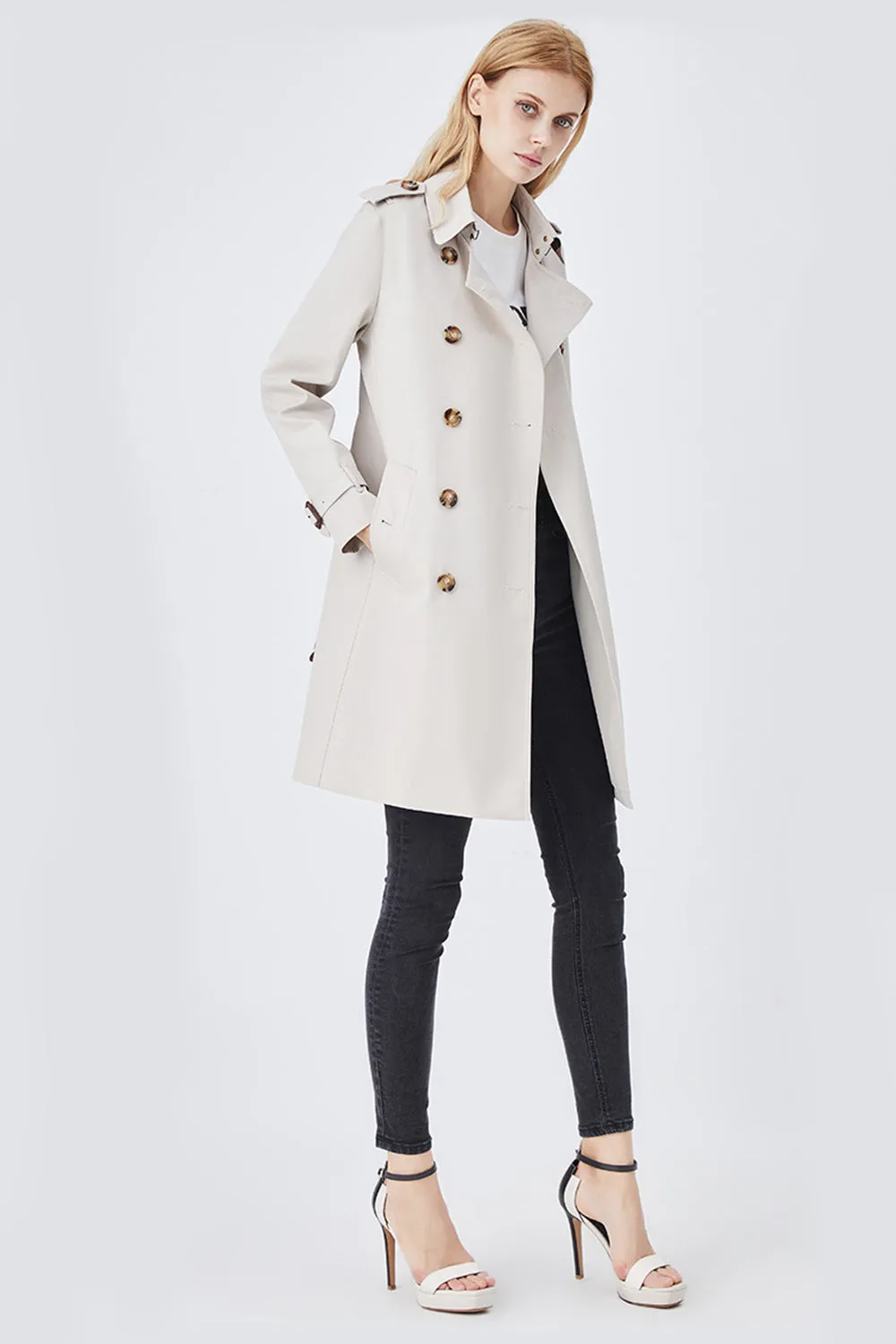 Khaki Double Breasted Long Slim Fit Trench Coat with Belt