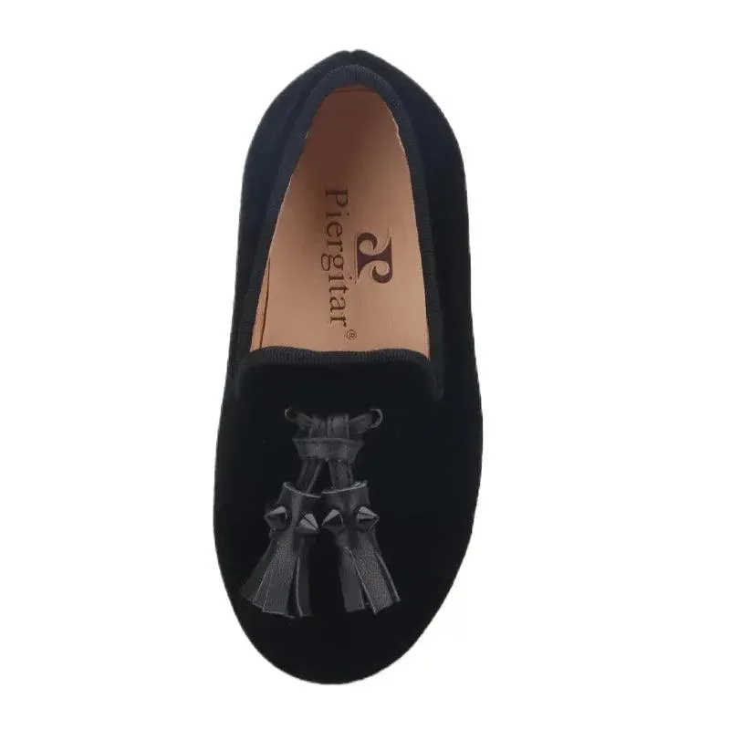 Kids Loafers Velvet Sophistication: Black Velvet Children's Spiked Loafer Shoes with Tassel