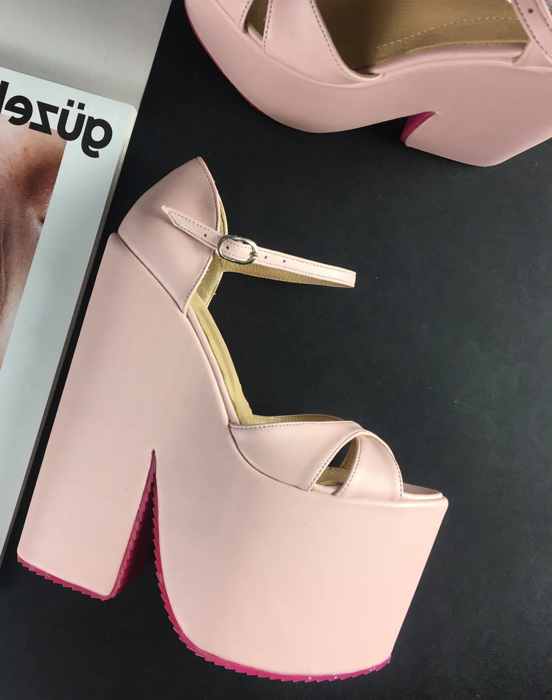 Light Pink Extreme Heel Strap Wedge Shoes