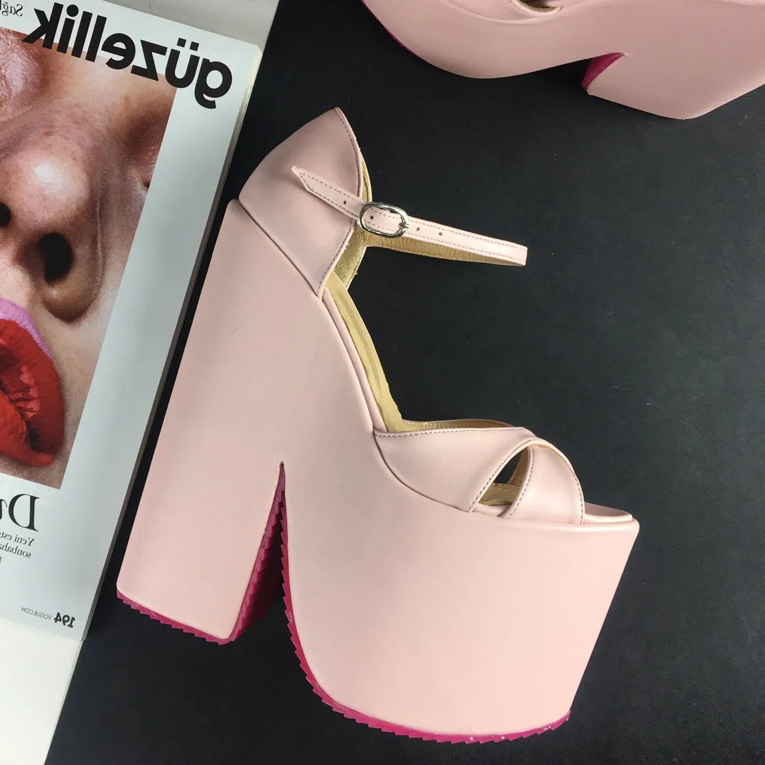 Light Pink Extreme Heel Strap Wedge Shoes