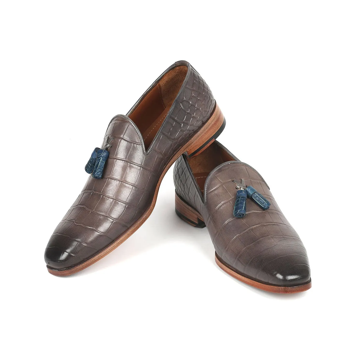 Paul Parkman 745GRY96 Men's Shoes Gray Crocodile Print Leather Dress Tassels Loafers (PM6332)