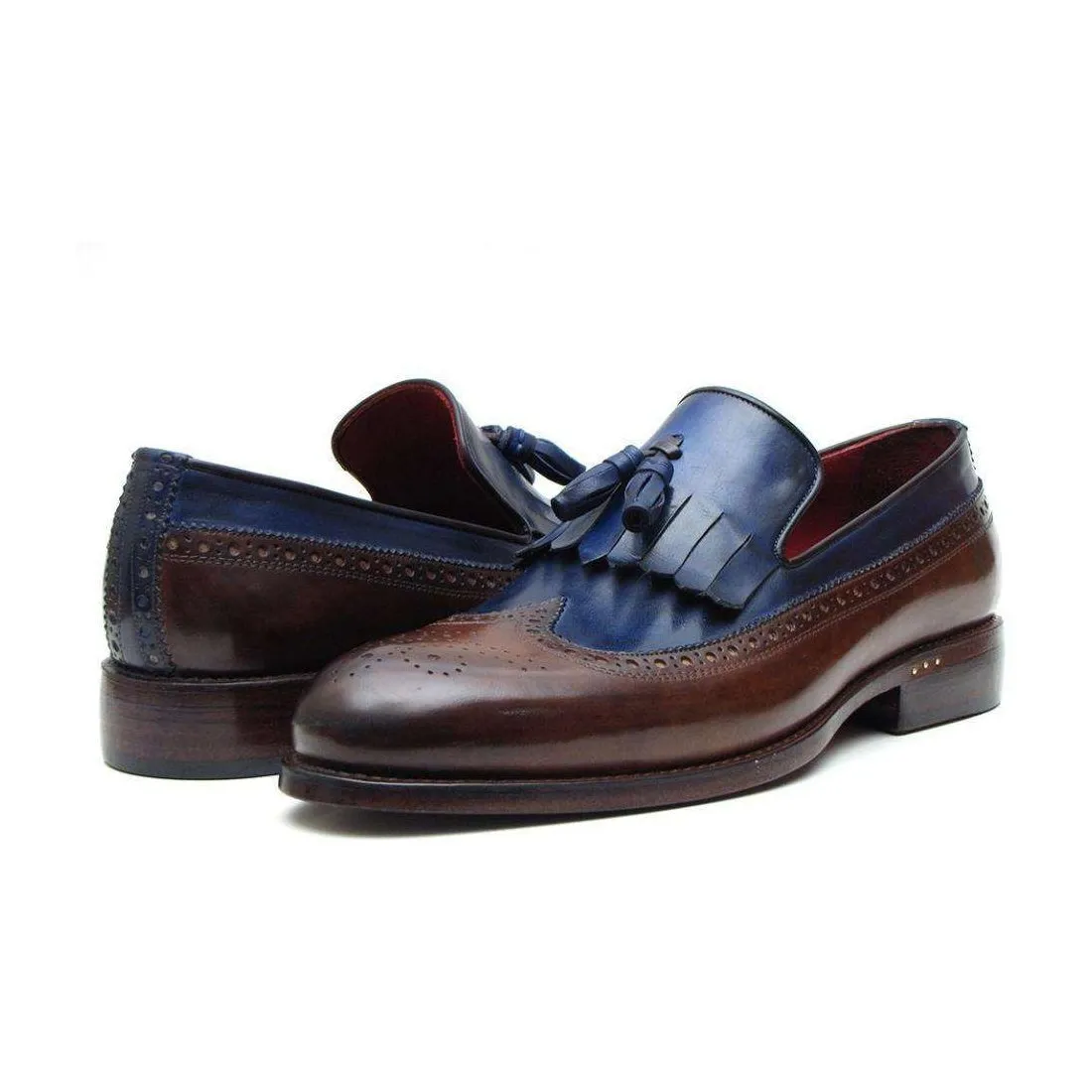 Paul Parkman Handmade Designer Shoes Men's Handmade Designer Shoes Kiltie Tassel Brown Navy Loafers (PM5202)