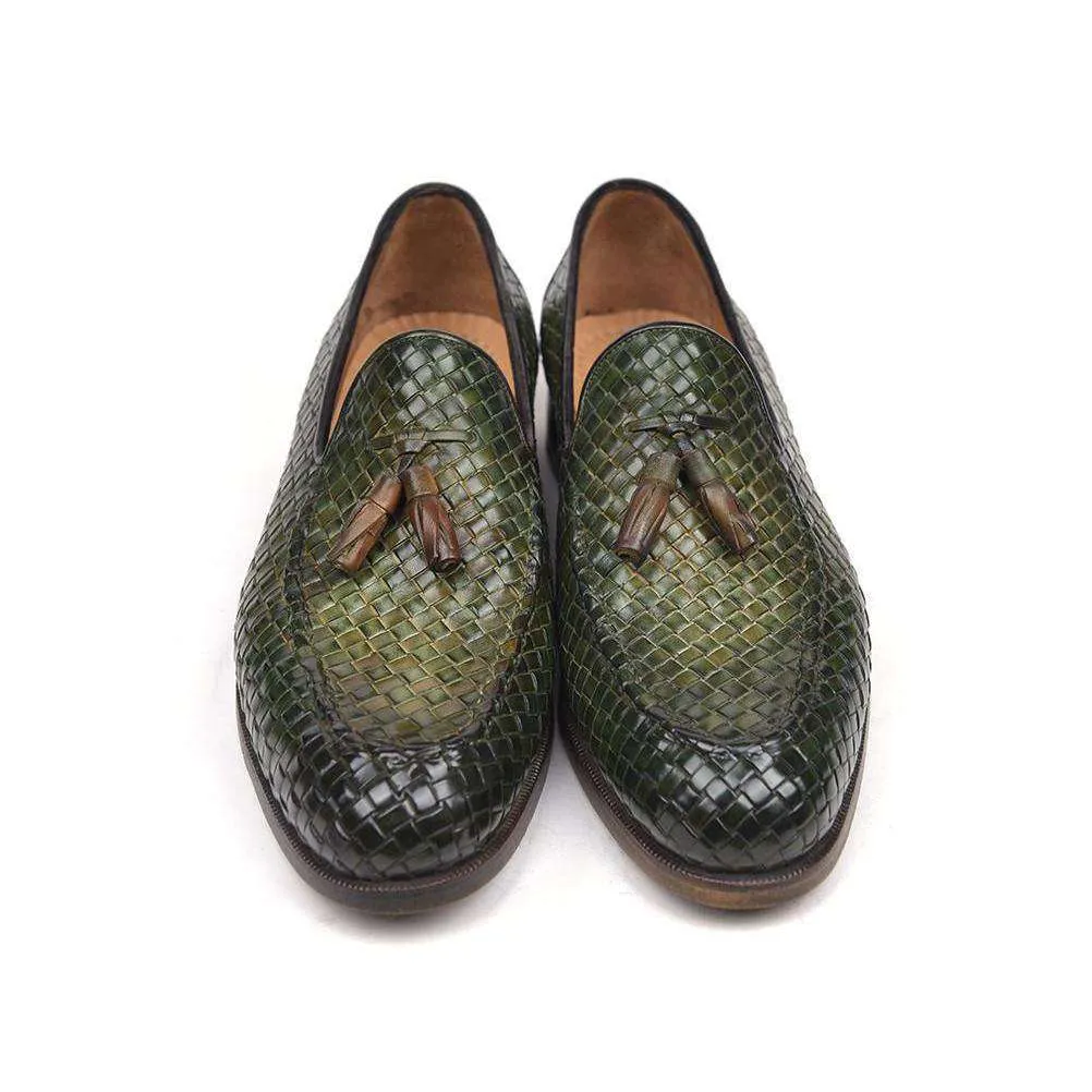 Paul Parkman Handmade Designer Shoes Woven Leather Tassel Green Loafers (PM5508)