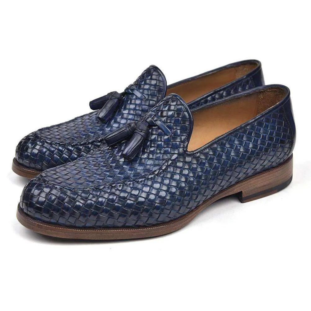 Paul Parkman Handmade Designer Shoes Woven Leather Tassel Navy Loafers (PM5507)