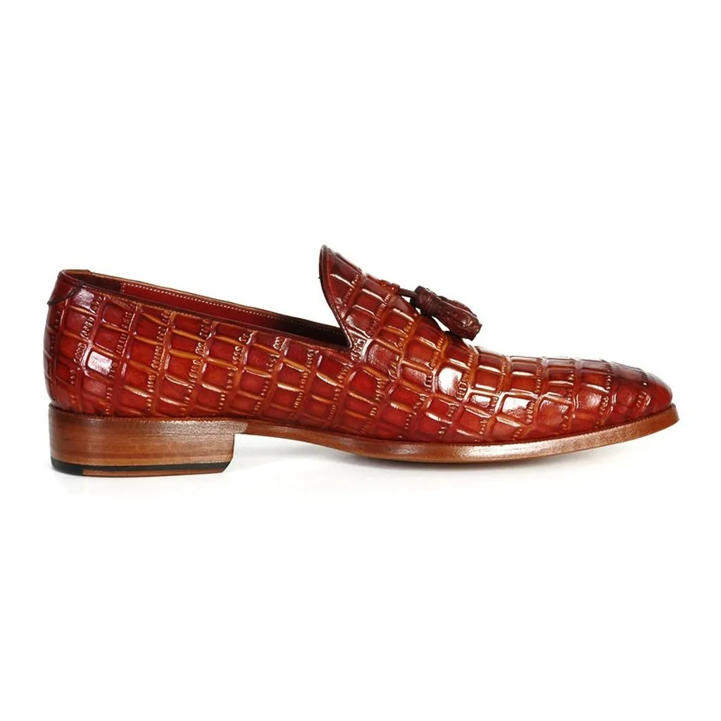 Paul Parkman Men's Reddish Camel Crocodile Embossed Calfskin Tassel Loafer (ID#0823-RDSH)