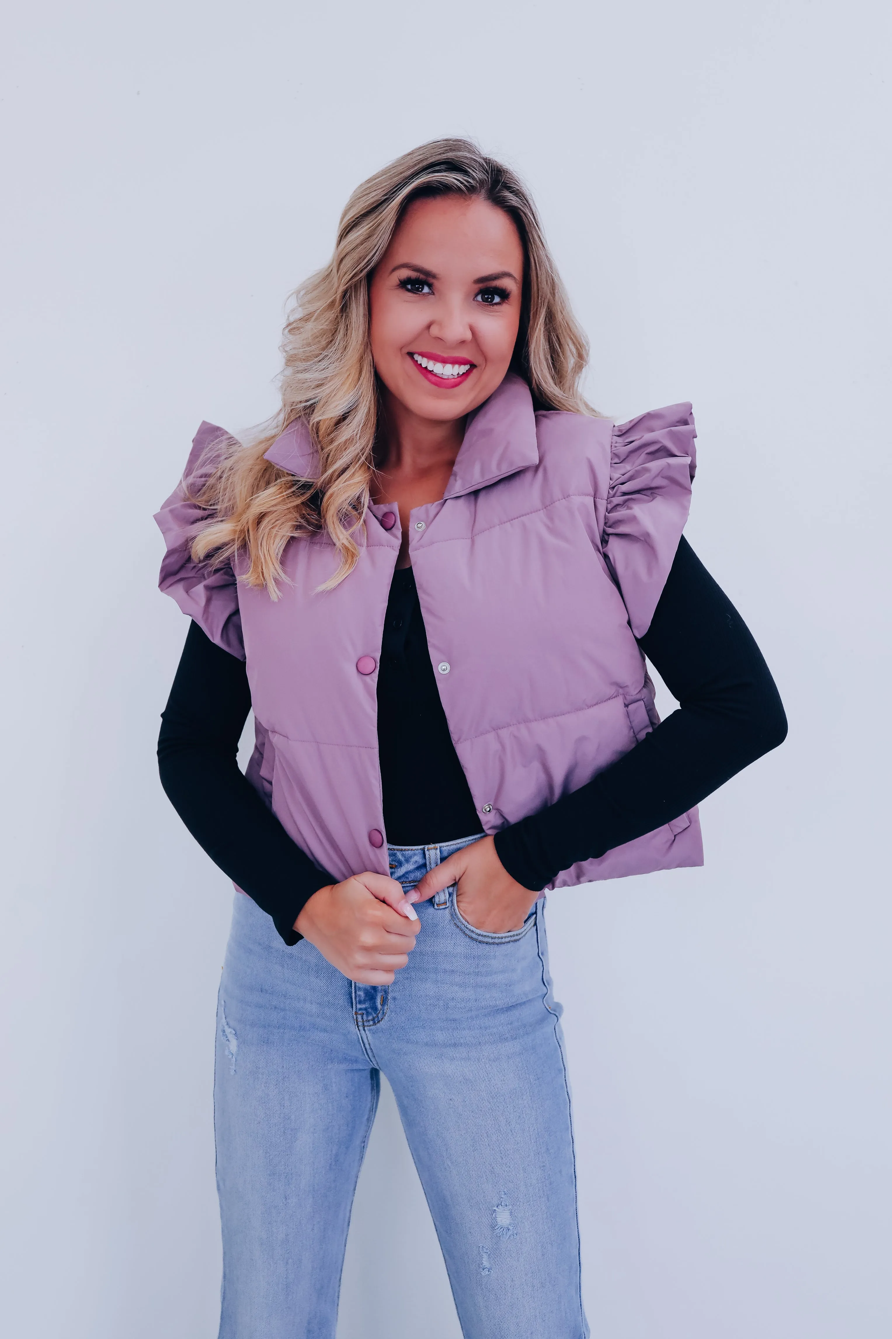 Rory Ruffle Sleeve Puffer Vest - Lavender