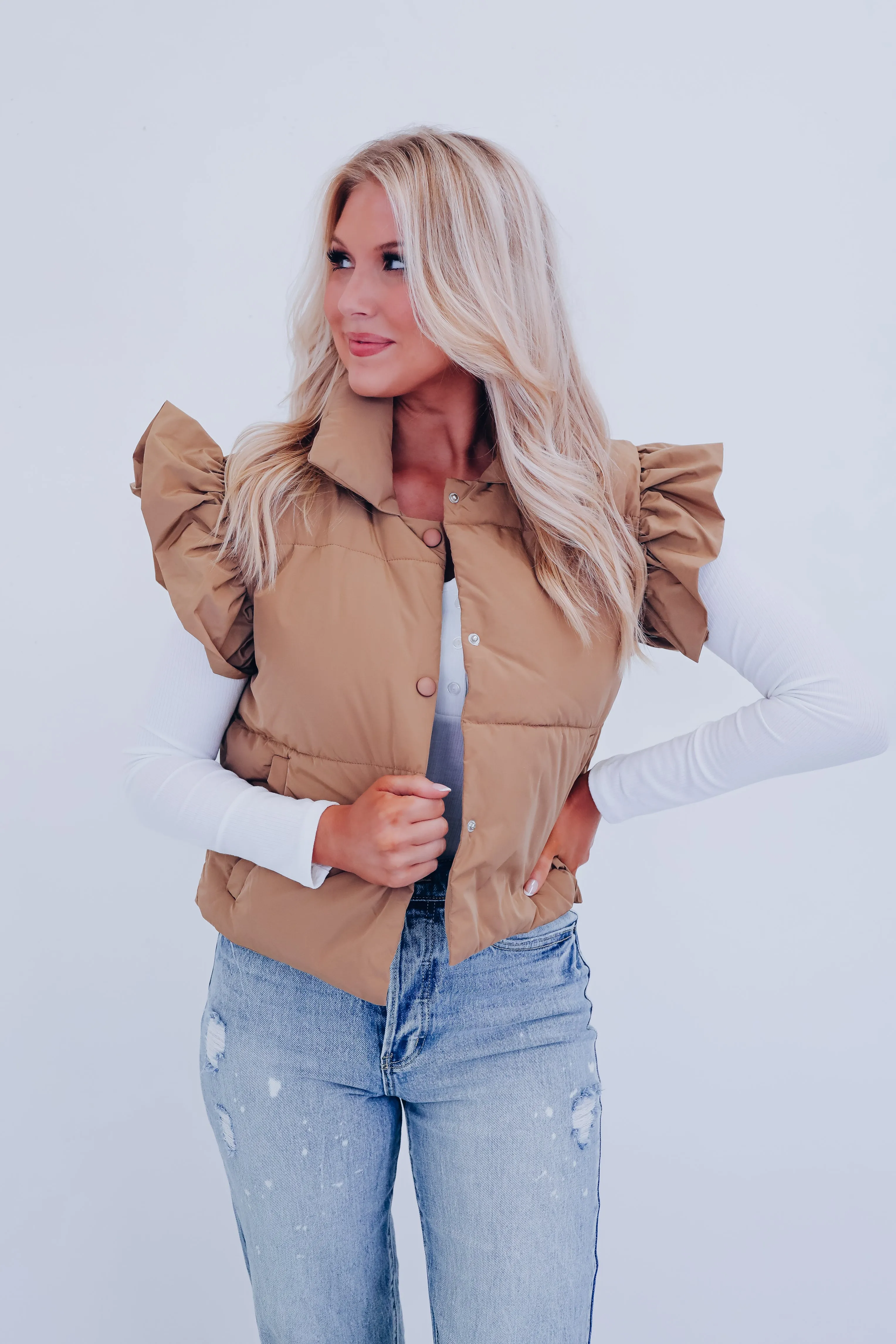 Rory Ruffle Sleeve Puffer Vest - Mocha