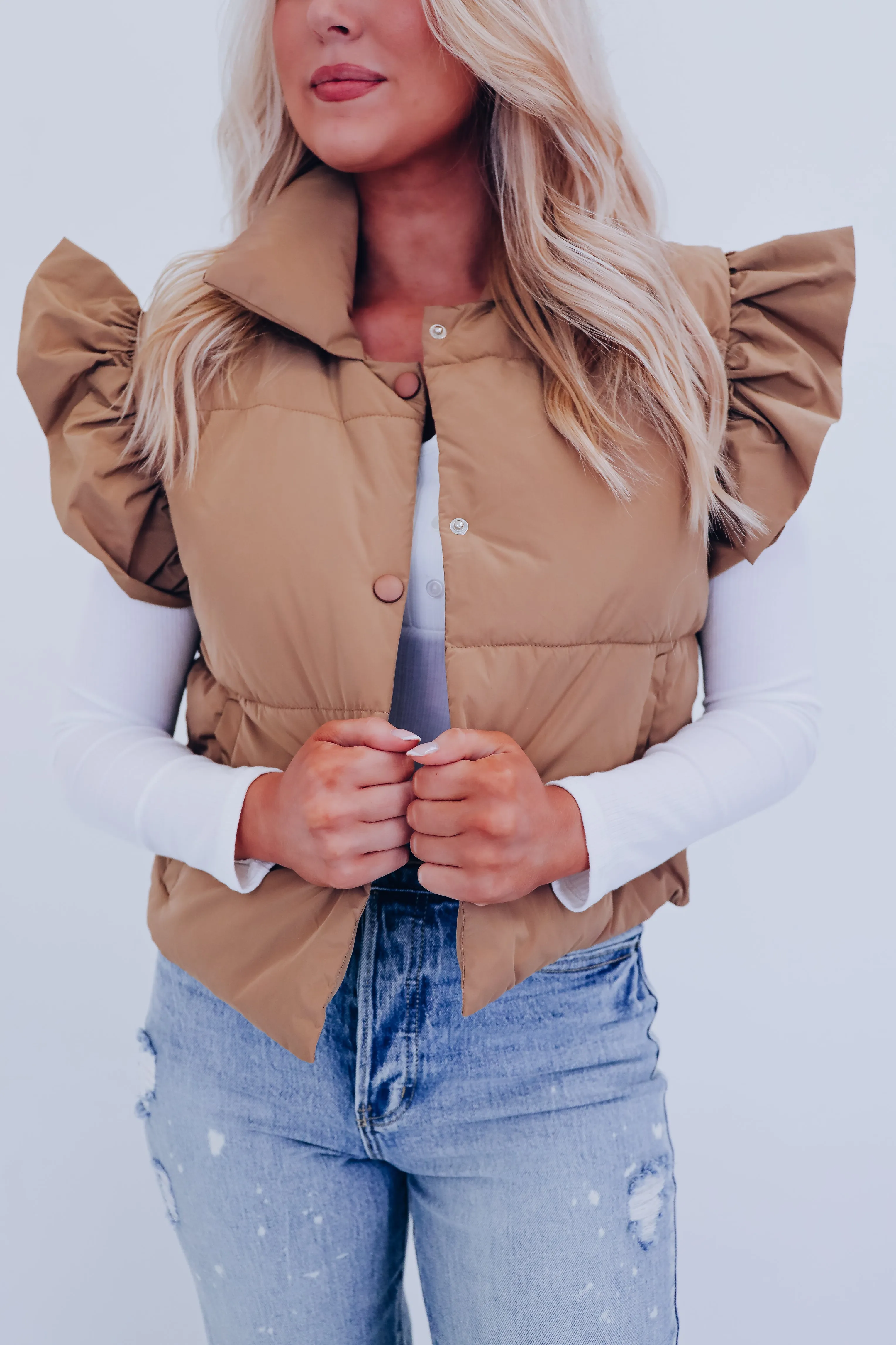 Rory Ruffle Sleeve Puffer Vest - Mocha