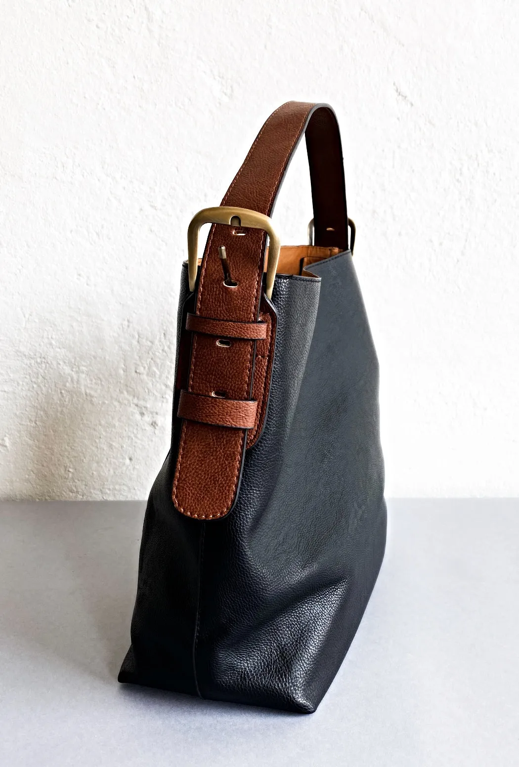 Vegan Buckle-Handle Hobo Bag