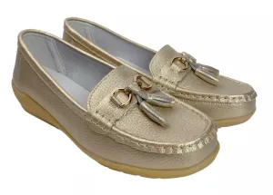 Women's Gold Loafers with Tassel Women's Leather Driving Loafers Shoes Cream With Gold Trim   B095223