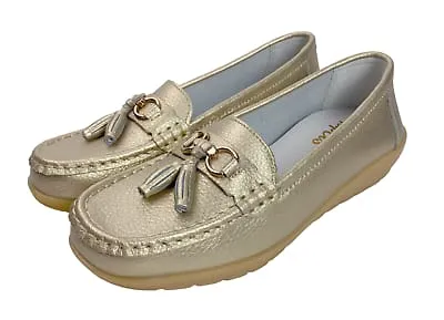 Women's Gold Loafers with Tassel Women's Leather Driving Loafers Shoes Cream With Gold Trim   B095223