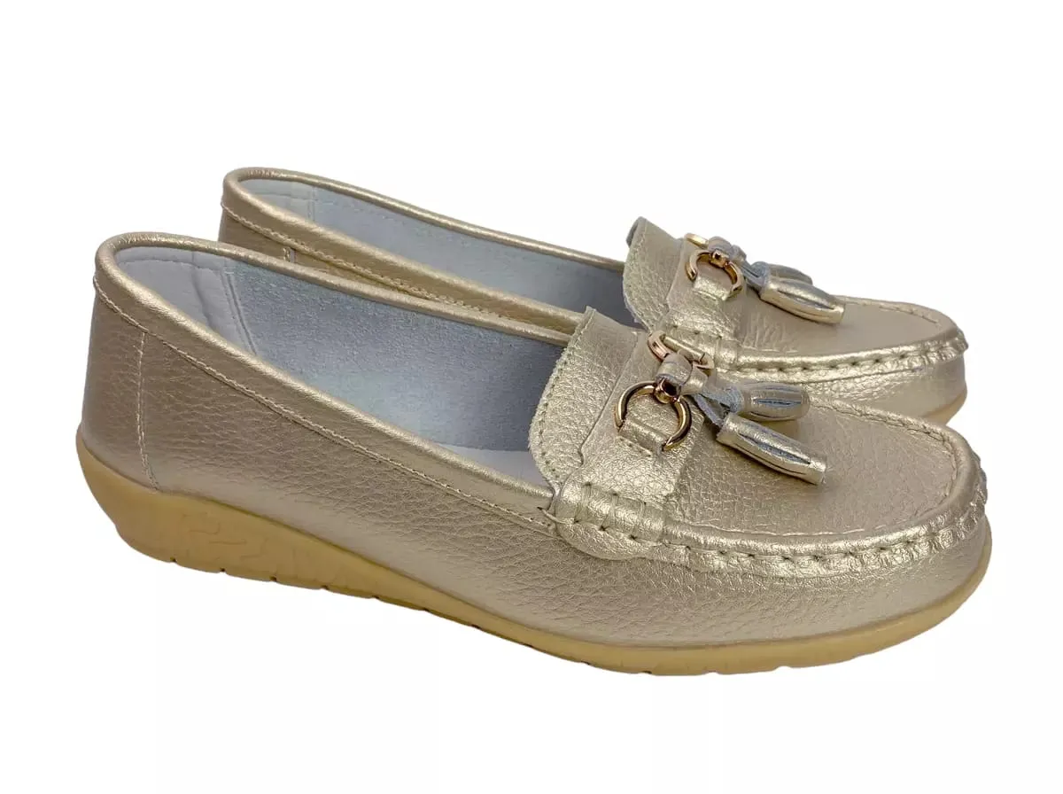 Women's Gold Loafers with Tassel Women's Leather Driving Loafers Shoes Cream With Gold Trim   B095223