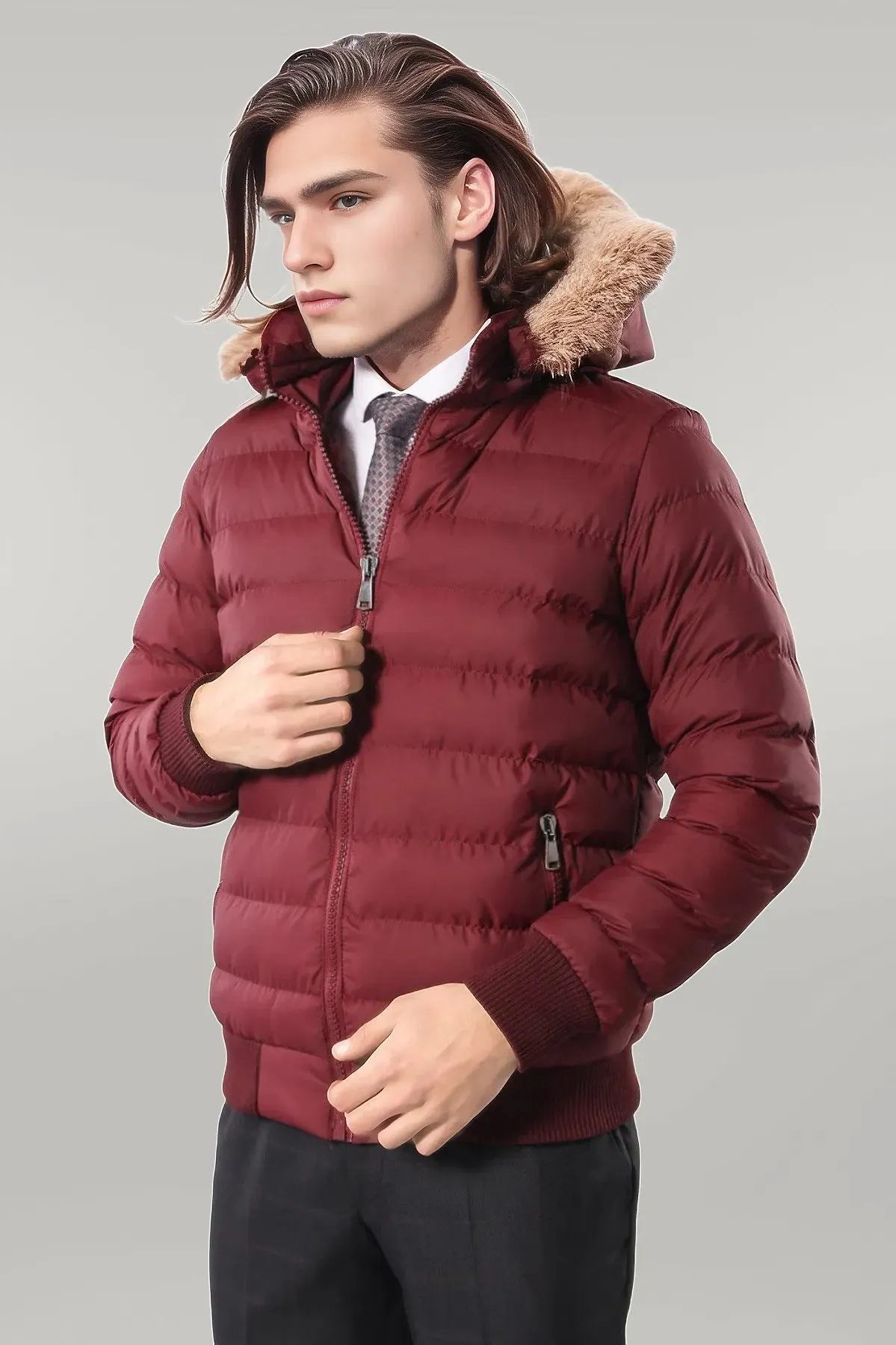 WSS Fur Hooded Burgundy Men Down Coat  - Singen