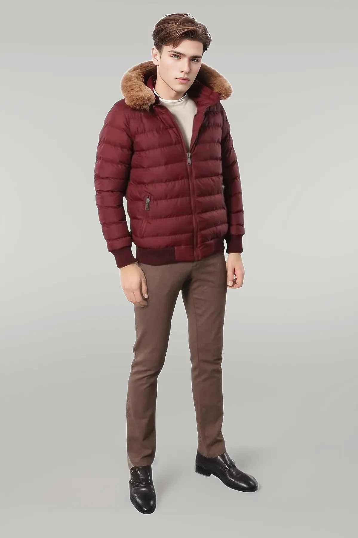 WSS Fur Hooded Burgundy Men Down Coat  - Singen