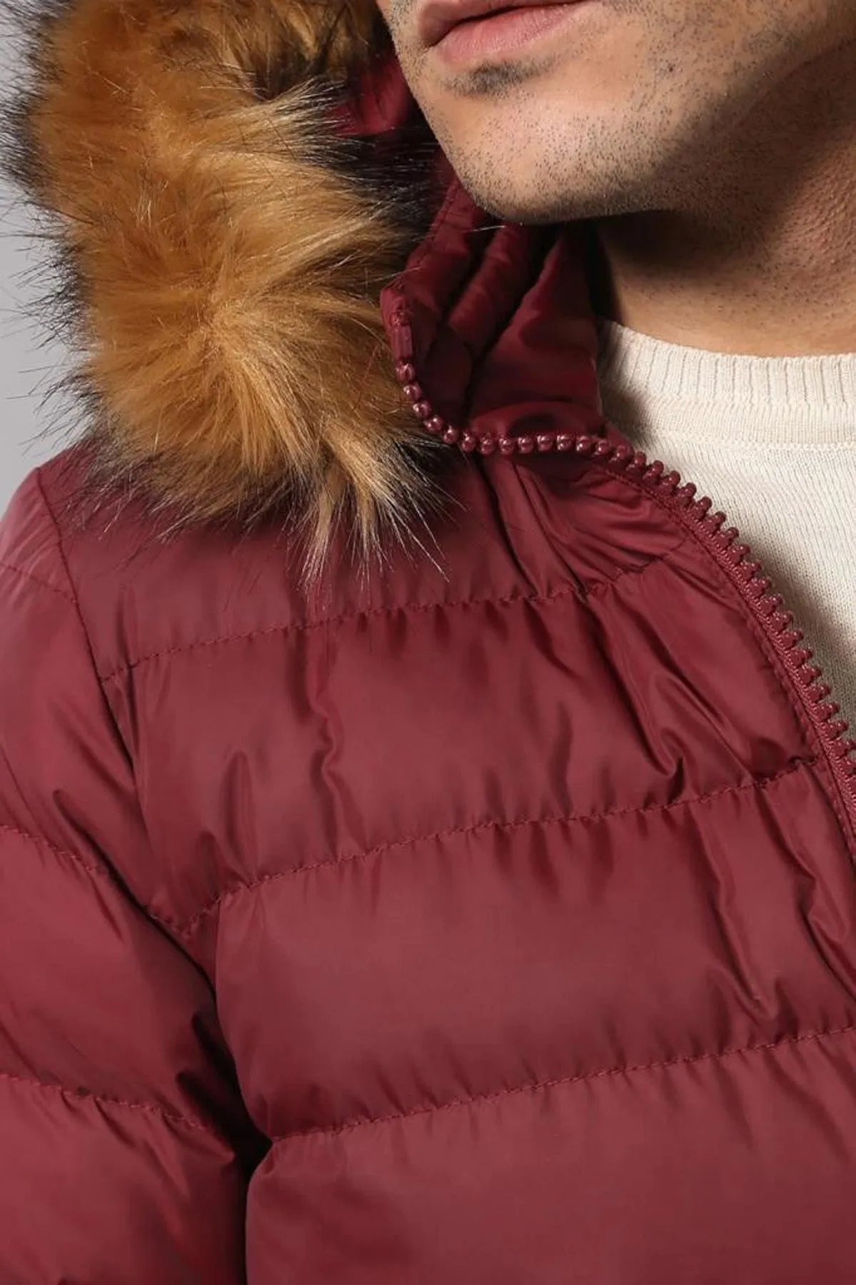 WSS Fur Hooded Burgundy Men Down Coat  - Singen