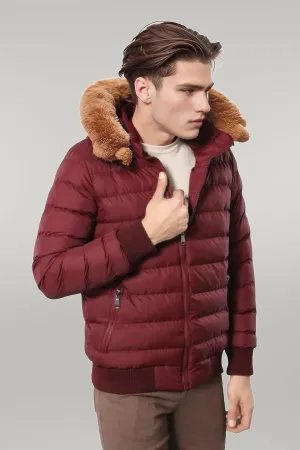 WSS Fur Hooded Burgundy Men Down Coat  - Singen